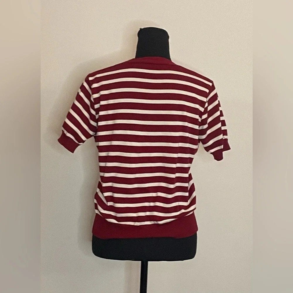 SHEIN Burgundy Striped Short Sleeve V-Neck‎ Button Front Knit Cardigan Sweater